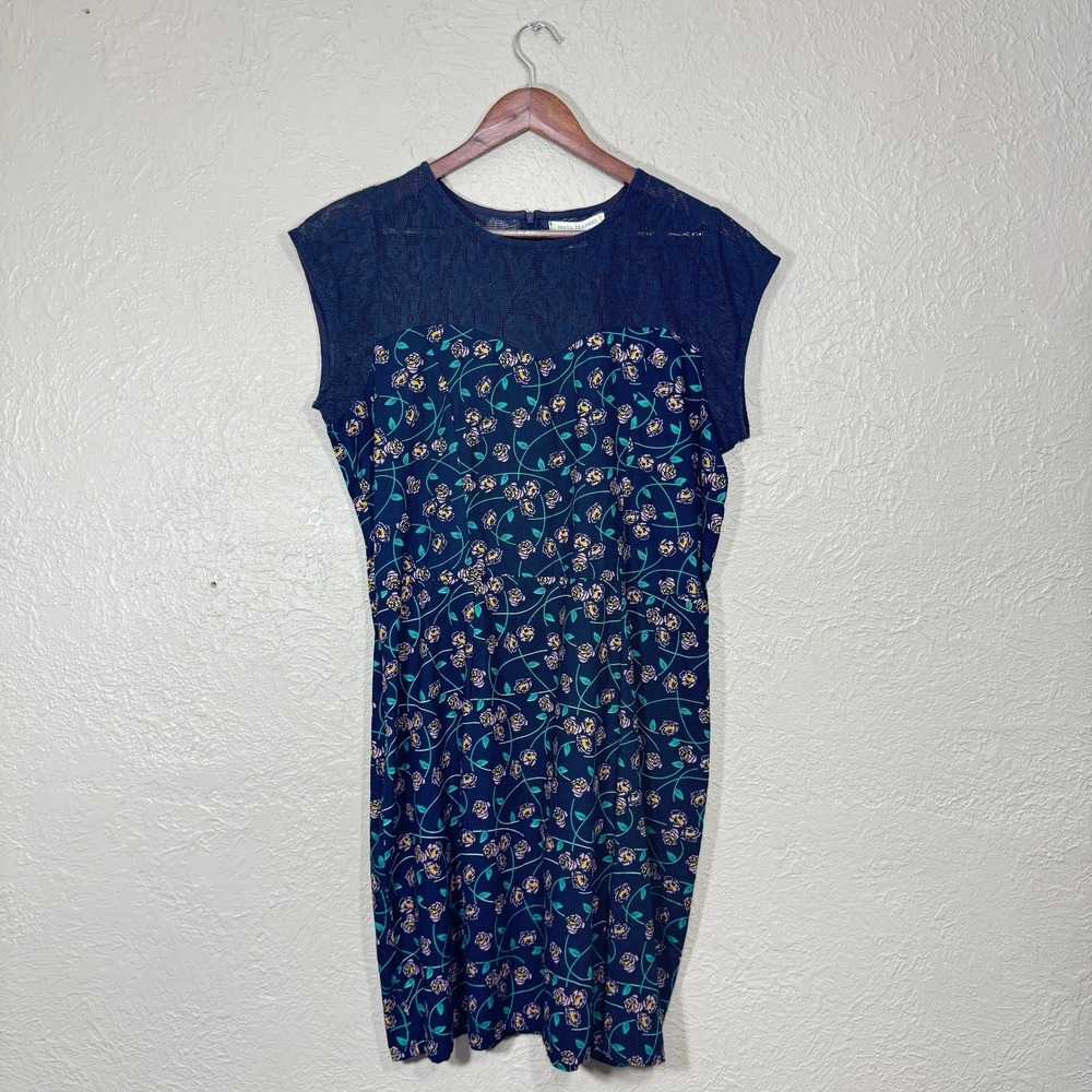 Mata Traders Floral Dress XL 100% Cotton India Navy Blue Lace Sheer Cottage Boho